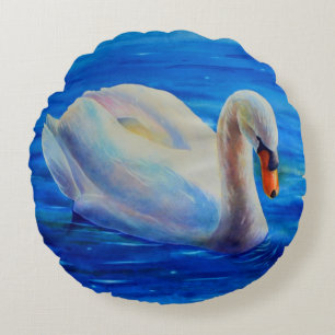 White swan watercolor painting, waterfowl, bird round cushion