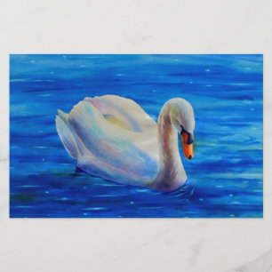 White swan watercolor painting, waterfowl, bird stationery