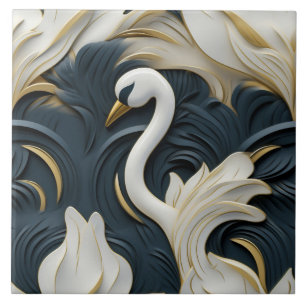 White Swan with Blue Foliage Relief Effect Ceramic Tile