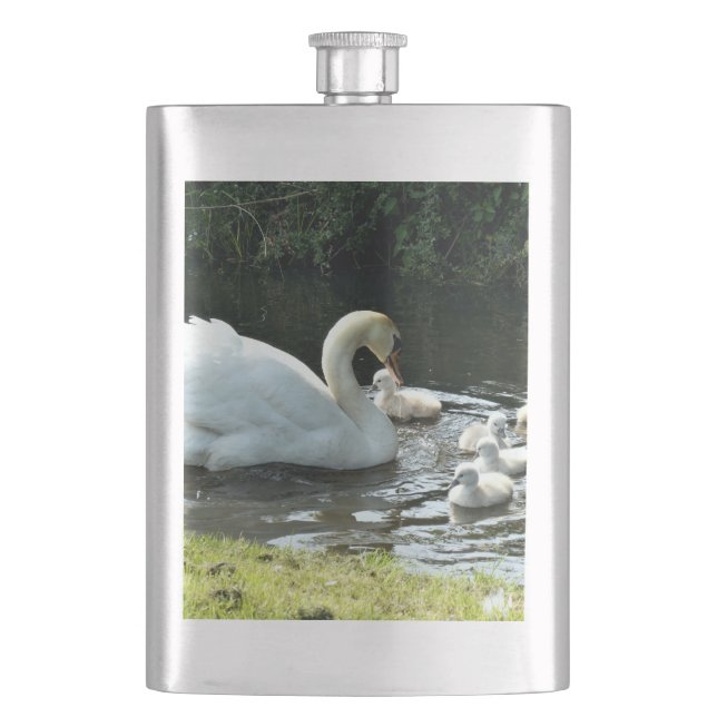 White Swan with Chicks Hip Flask (Front)