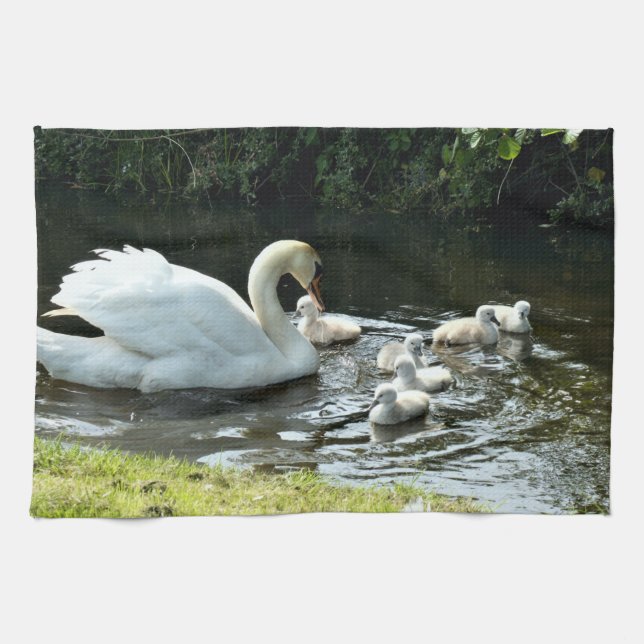 White Swan with Chicks Tea Towel (Horizontal)