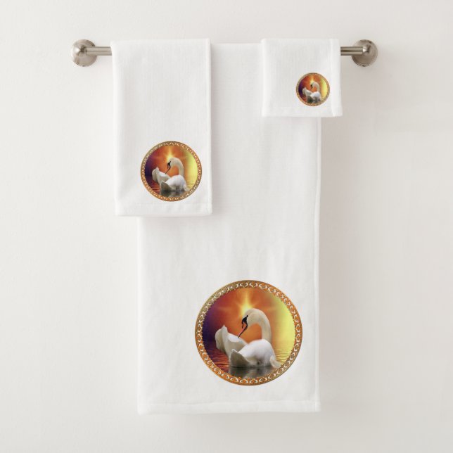 White Swan with gold and orange backdrop Bath Towel Set (Insitu)