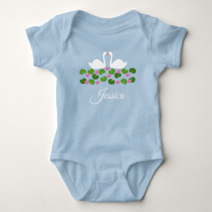 White Swans and Water lilies Custom Name Baby Bodysuit