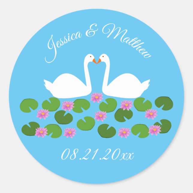 White Swans and Water lilies Custom Wedding Classic Round Sticker (Front)