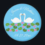 White Swans and Water lilies Custom Wedding Magnet<br><div class="desc">This awesome Wedding magnet features a digital art image of a pair of beautiful white swans with orange becks facing each other looking like they are kissing. Underneath the swans is a group of pretty pink water lily flowers with yellow centres and green lily pads. A beautiful wedding design. There...</div>