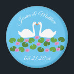 White Swans and Water lilies Custom Wedding Magnet<br><div class="desc">This awesome Wedding magnet features a digital art image of a pair of beautiful white swans with orange becks facing each other looking like they are kissing. Underneath the swans is a group of pretty pink water lily flowers with yellow centres and green lily pads. A beautiful wedding design. There...</div>