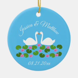 White Swans and Water lilies Wedding Custom Ceramic Ornament