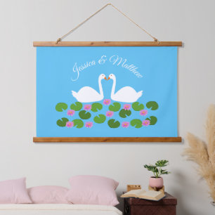 White Swans and Water lilies Wedding Custom Hanging Tapestry