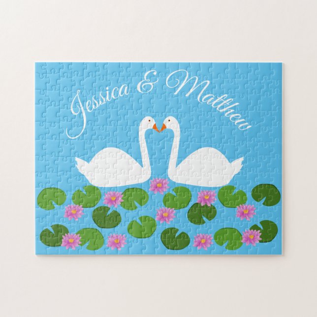 White Swans and Water lilies Wedding Custom Jigsaw Puzzle (Horizontal)
