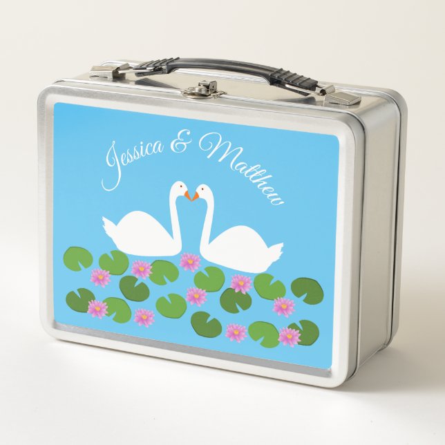 White Swans and Water lilies Wedding Custom Metal Lunch Box (Front)