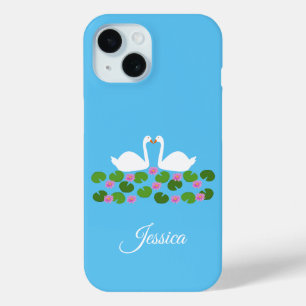 White Swans and Water lilies Wedding Custom Name iPhone 15 Case