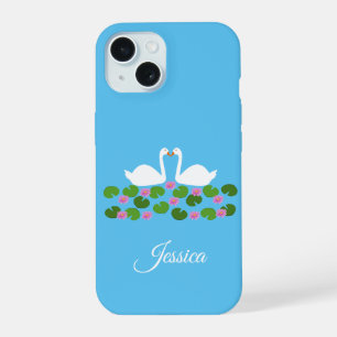 White Swans and Water lilies Wedding Custom Name iPhone 15 Case