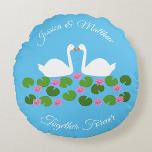 White Swans and Water lilies Wedding Custom Round Cushion