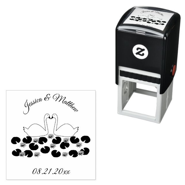 White Swans and Water lilies Wedding Custom Self-inking Stamp (In Situ)