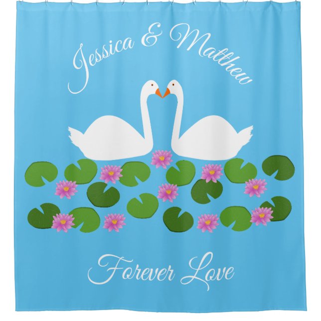 White Swans and Water lilies Wedding Custom Shower Curtain (Front)