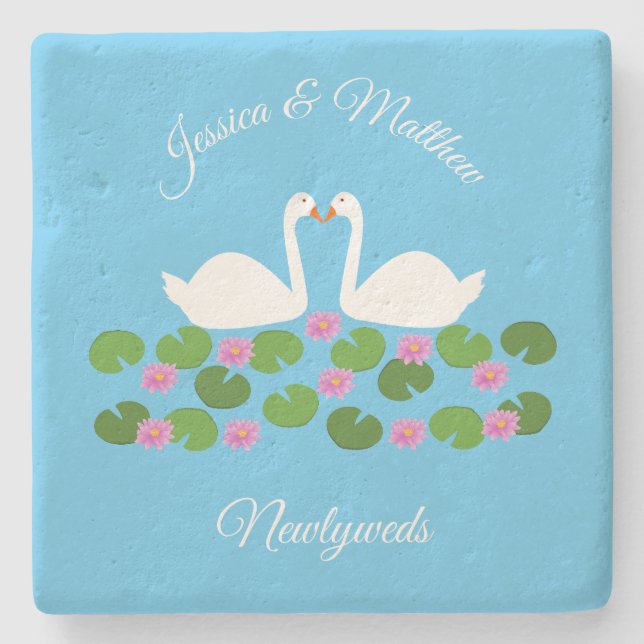 White Swans and Water lilies Wedding Custom Stone Coaster (Front)