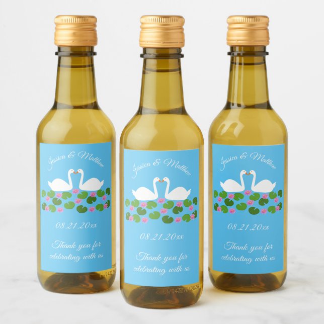 White Swans and Water lilies Wedding Custom Wine Label (Bottles)