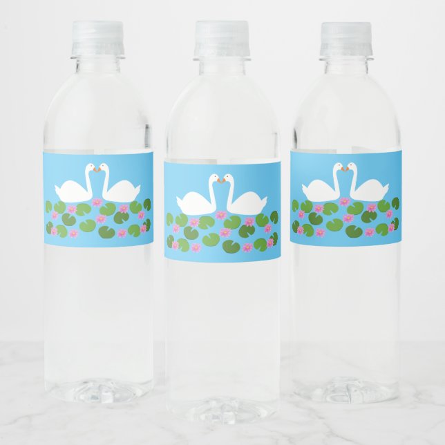 White Swans and Water lilies Wedding Water Bottle Label (Bottles)
