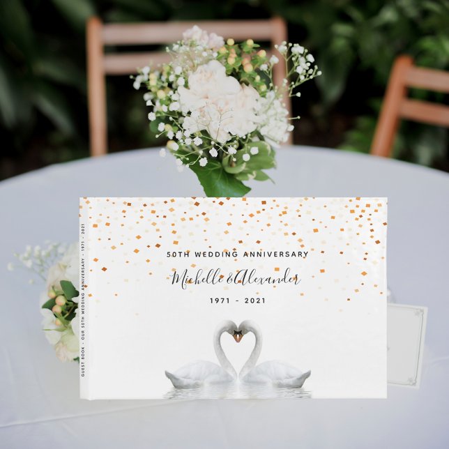 White swans birds 50th gold wedding anniversary guest book (Creator Uploaded)