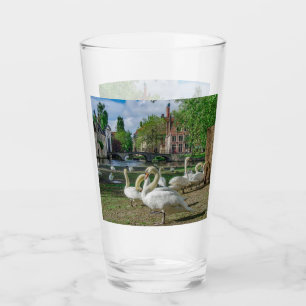 White swans in Bruges downtown Glass