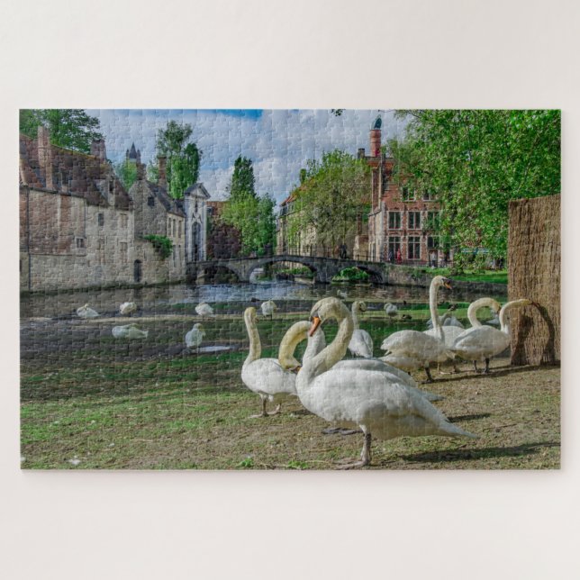 White swans in Bruges downtown Jigsaw Puzzle (Horizontal)