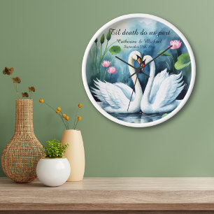 White Swans In Love Watercolor Lotus Lake Wedding Clock