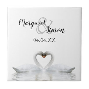 White swans in love with names and wedding date ceramic tile