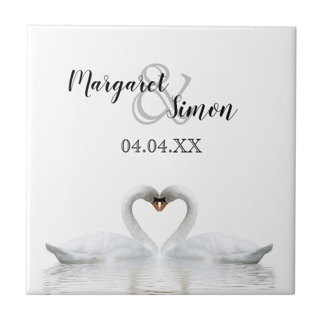 White swans in love with names and wedding date ceramic tile (Front)