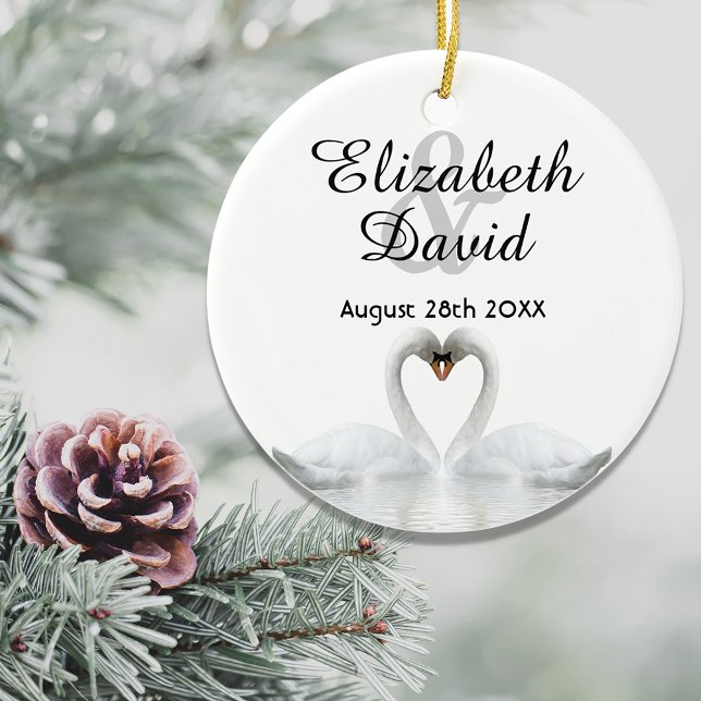 White swans in love with names wedding ceramic ornament (Creator Uploaded)