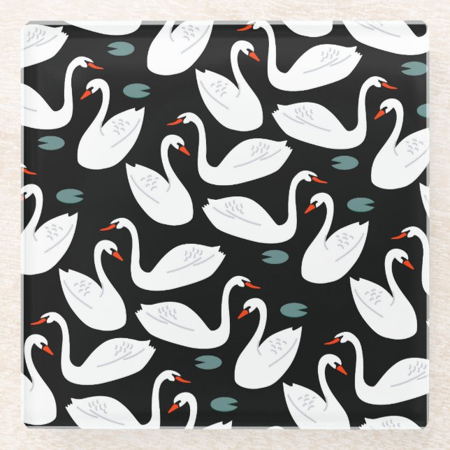 White Swans Lake Seamless Wallpaper Glass Coaster (Front)