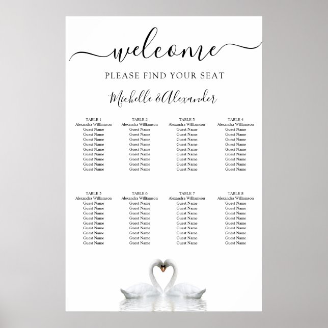 White swans love birds weddings seating chart (Front)