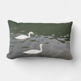 White Swans on Water - Nature Photography Lumbar P Cushion