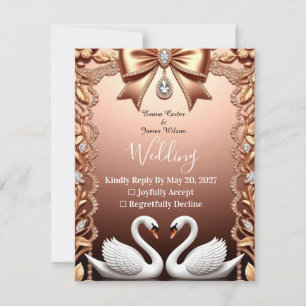 🌸 White Swans Rose Gold Wedding RSVP Card