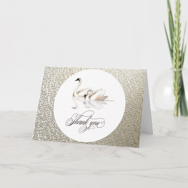 white swans textured gold thank you folded card (Front)