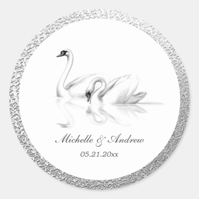white swans textured silver monogram wedding classic round sticker (Front)