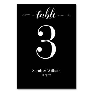 White Swash Calligraphy on Black Wedding Table Number
