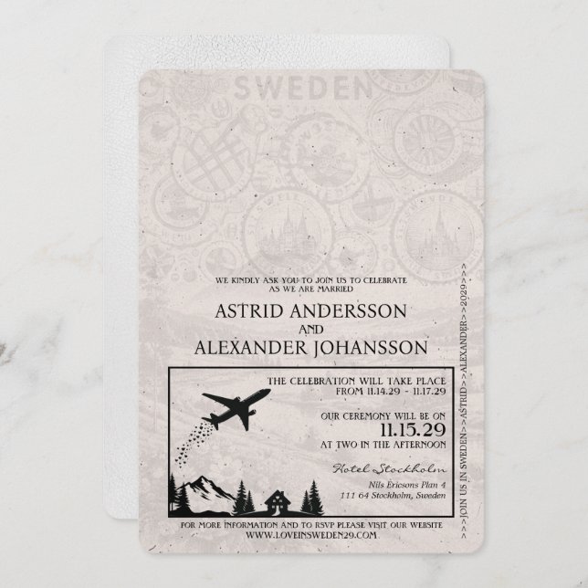 White Sweden Passport Wedding Invitation (Front/Back)