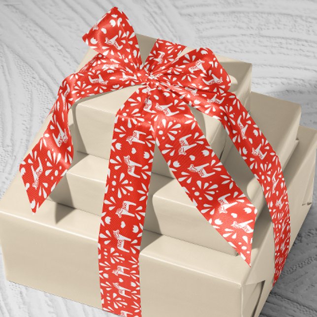 White Swedish Dala Horse Red Holiday Gift Ribbon Satin Ribbon (Scandinavian Swedish red and white Dala horse patterned ribbon)