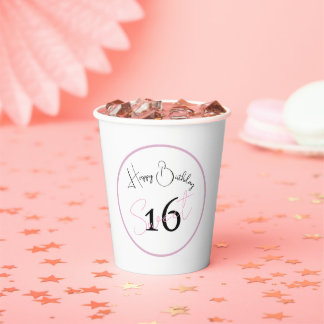 White Sweet 16 Pink & Black Script Paper cup