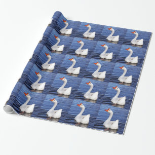 white swimming goose in blue water wrapping paper