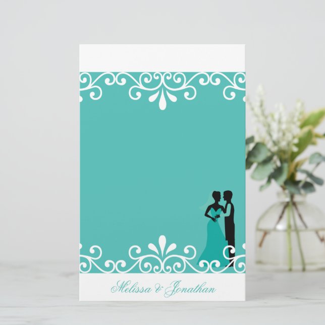 White Swirl Bride Groom Teal Elegant Wedding Stationery (Standing Front)