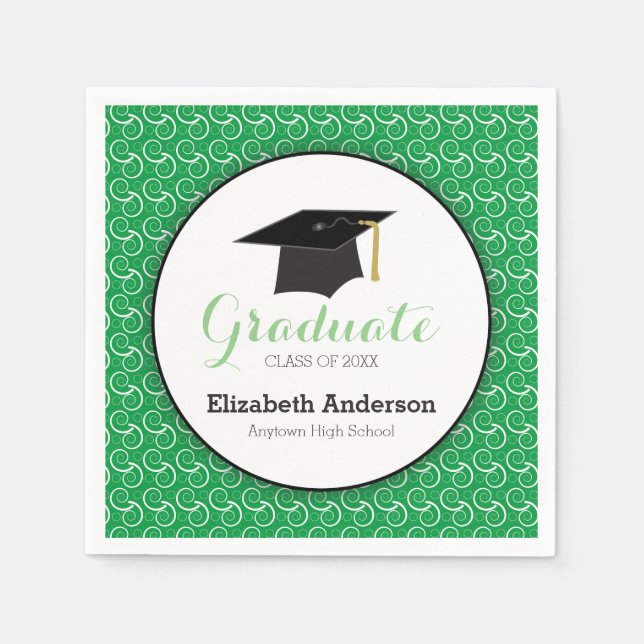 White Swirl on Green, Personalised Graduation Napkin (Front)