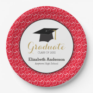 White Swirl on Red, Personalised Graduation Paper Plate