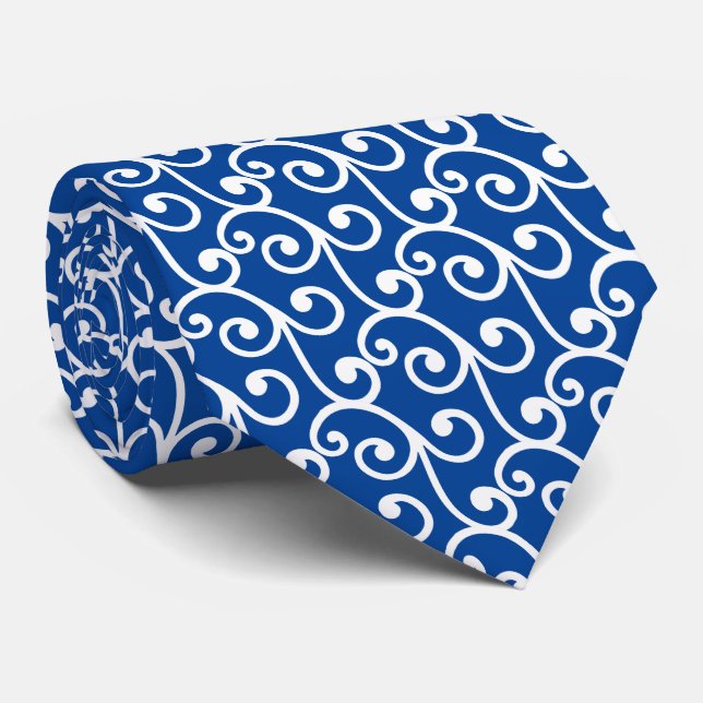 White Swirl Vector Pattern on Blue Neck Tie (Rolled)