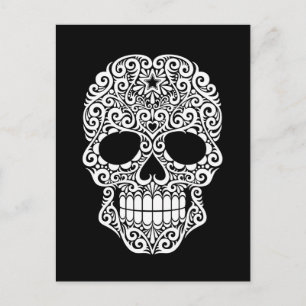 White Swirling Sugar Skull on Black Postcard