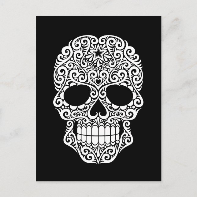 White Swirling Sugar Skull on Black Postcard (Front)