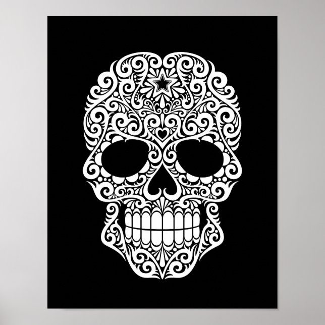 White Swirling Sugar Skull on Black Poster (Front)