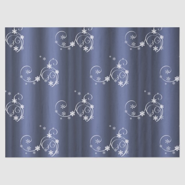White Swirls and Snowflakes on Blue Christmas Tissue Paper (Front)