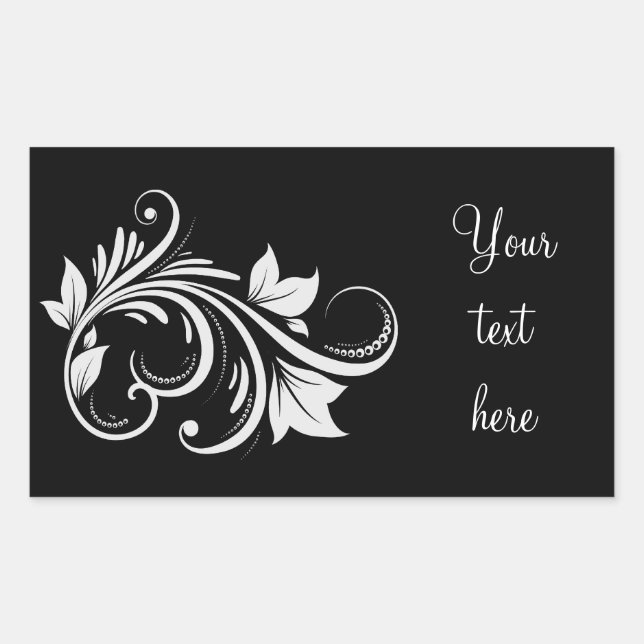White swirls, leaves on black rectangular sticker (Front)