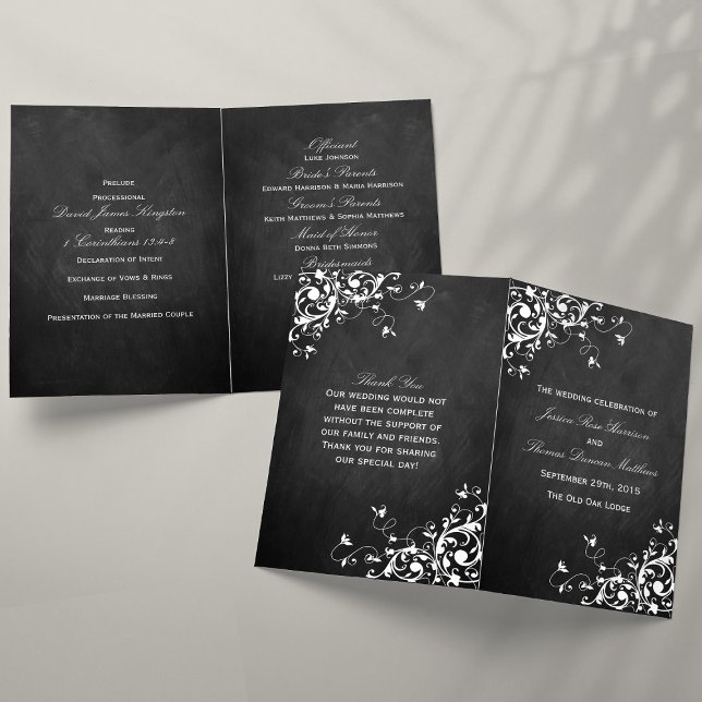 White Swirls On Chalkboard Wedding Bi-Fold Program (Creator Uploaded)